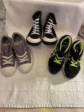 Lot of 3 Kids Black Sneakers with 1Marvel, 1Converse & 1 ASICS All size 13